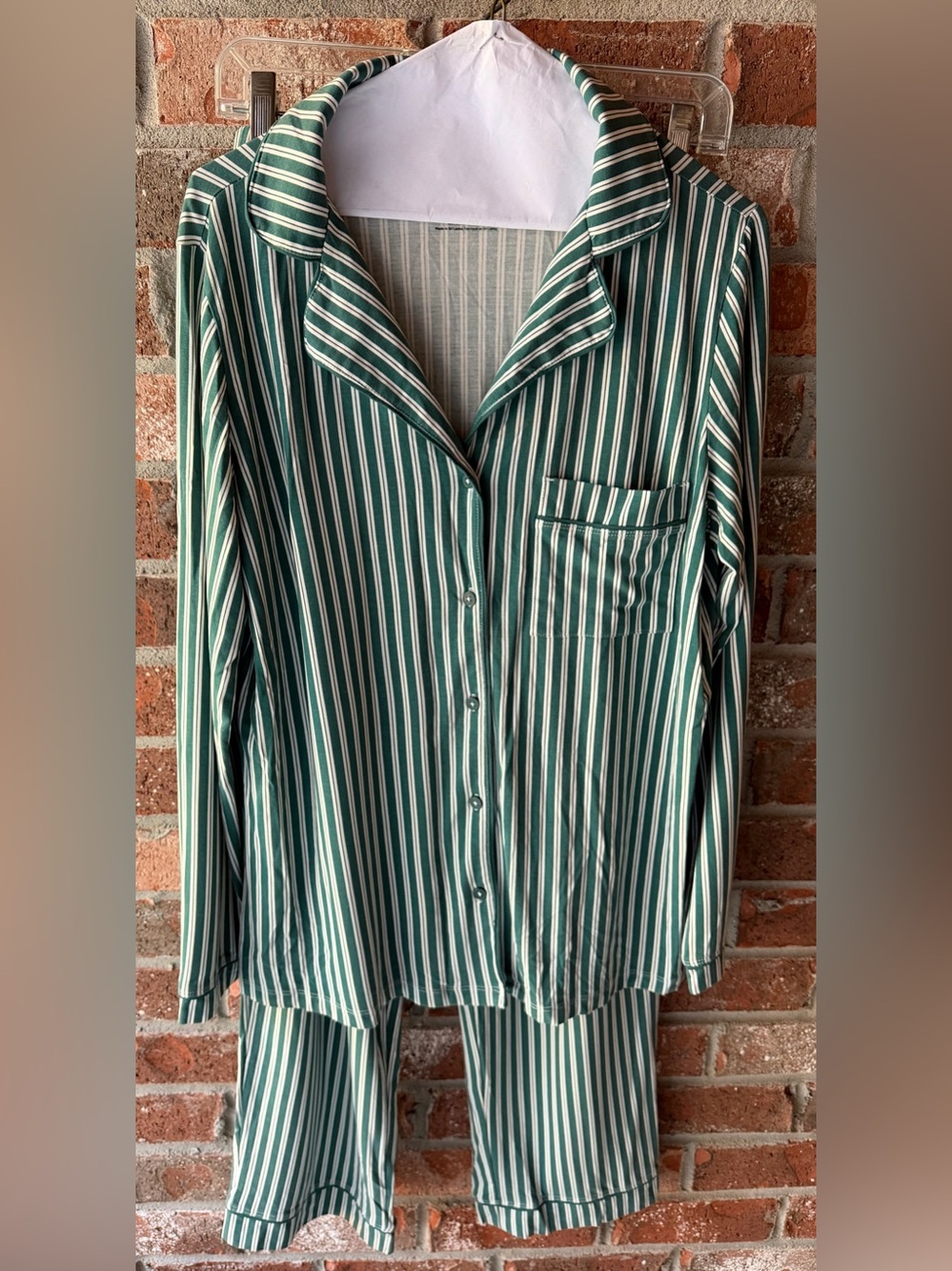Tommy John's Green and White Vertical-Stripe Button-Down Pajama set